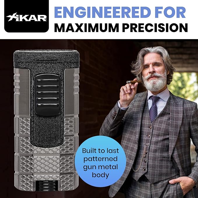 XIKAR Tactical Triple-Jet Lighter, Gunmetal and Black | Powerful Jet Flame for Cigars with Pocket Clip, EZ-View Fuel Window, Adjustable Flame Height & Pull Down Ignition Trigger, Ideal for Outdoor Use