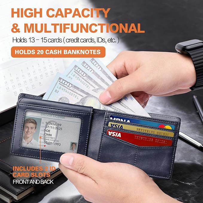 Wallet for Men Slim RFID Blocking Bifold Carbon Fiber,Minimalist Small Compact Front Pocket Credit Card Holder,Thin Mens Leather Wallets Smart Security With 2 ID windows 1 Cash (Oil Wax Blue)