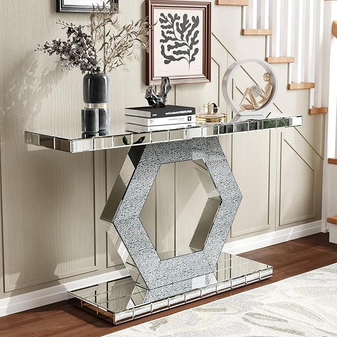 SSLine Mirror Console Table for Living Room 55" Modern Mirrored Entryway Table with Shiny Hexagon Base Luxury Glass Foyer Tables for Entryway Hallway