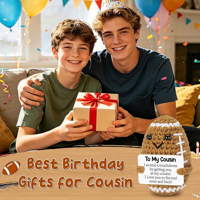 BiuNiuring Mini Funny Cousin Gifts from Sister Brother, Handmade Crochet Mini Football Cousin Birthday Gifts from Women, Cousin Present for Father's Day Cute Desk Decor