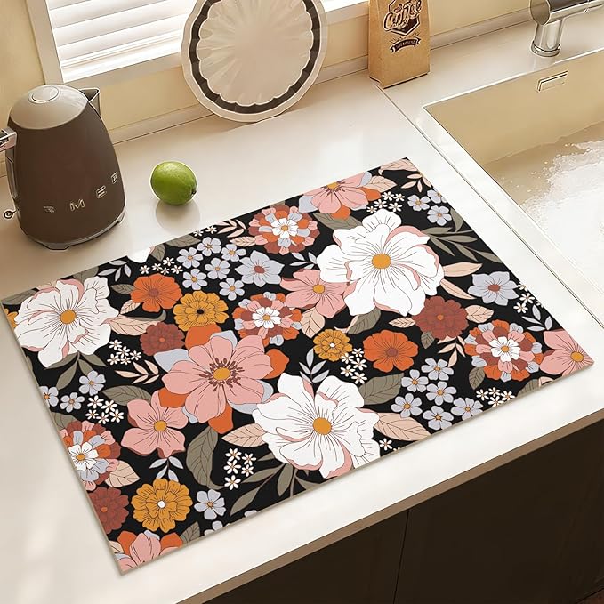 Retro Floral Dish Drying Mat Super Absorbent Coffee Mat, Fit Under Coffee Maker Espresso Machine (Abundant Blooms,Black)