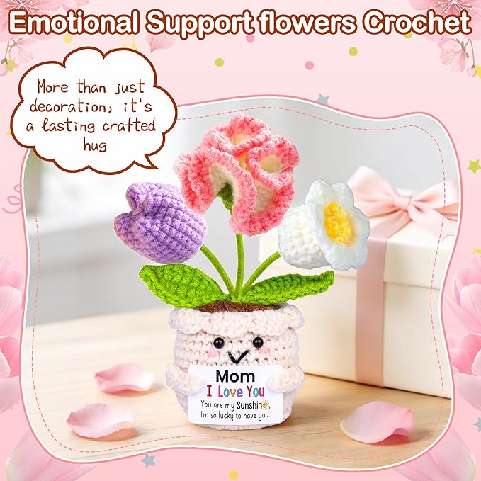 Mothers Day Mom Gifts for Mom, Gifts for Moms from Daughter Son, Mother's Day Birthday Gift for Moms Mother in Law Step Mama, Cute Handmade Crochet 3 Flowers Pot Doll I Love You Present for Mum