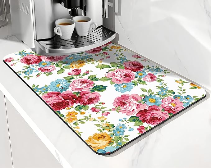 Coffee Bar Mat Accessories for Countertop Pioneer Flower Absorbent Hide Stain Rubber Backed Dish Drying Mats for Kitchen Counter Draining Pad Decor Gift Fit Under Coffee Maker (20x12in)