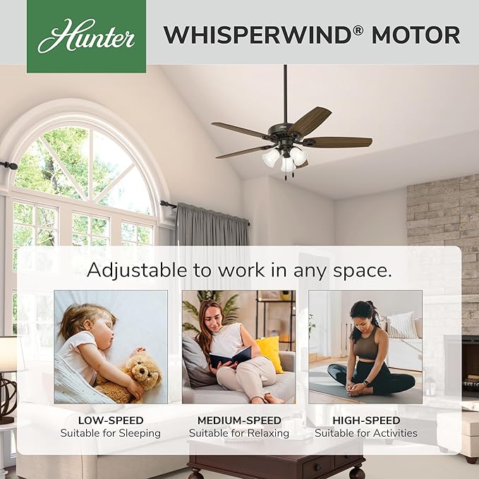 Hunter 52 inch Indoor Ceiling Fan with LED Lights - Bronze Ceiling Fan with Pull Chain, For Bedroom or Living Room, Standard Mount, No Remote, 5 Blades, Includes Bulbs - Builder Plus 53238, New Bronze