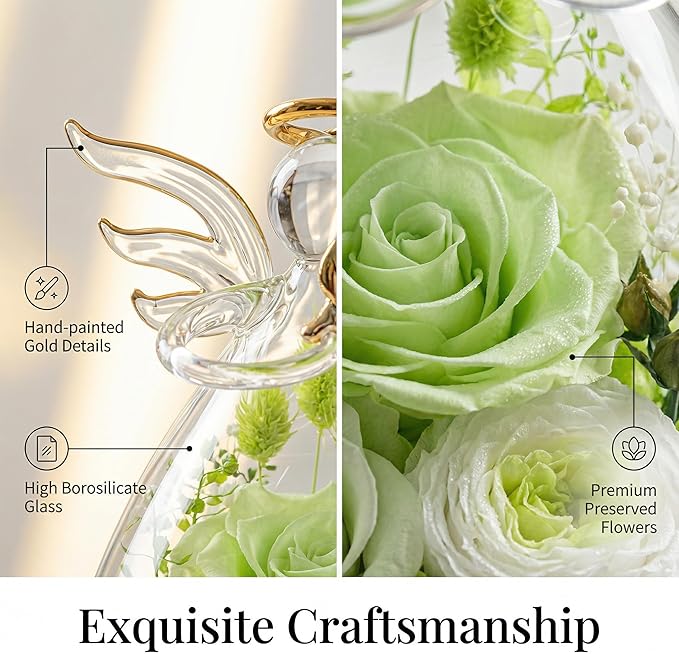FIACO Gifts for Women Birthday Preserved Rose Forever Flower in Glass Angel Figurines Fresh Flowers for Delivery Prime for Mom Real Orange Roses for Grandma Sister Wife Her from Daughter