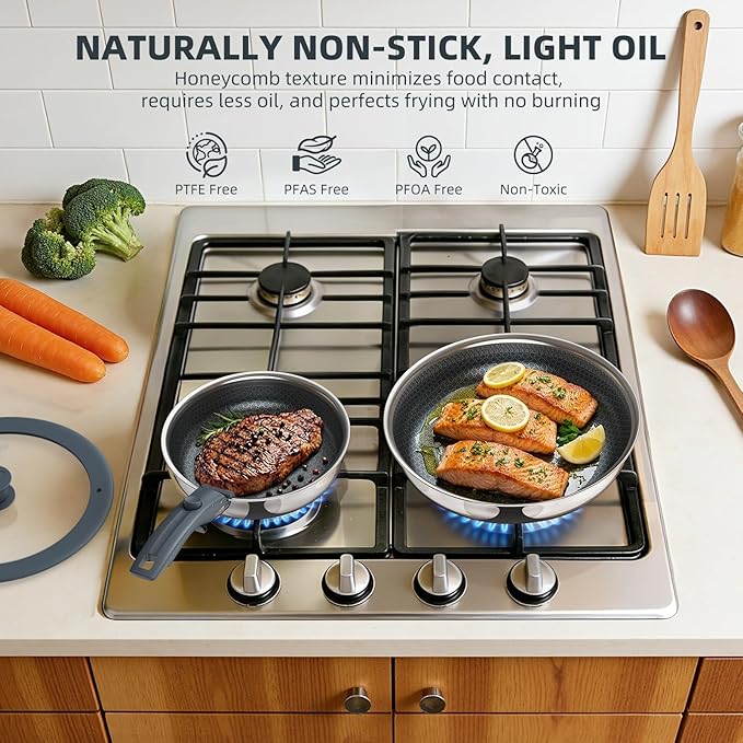 Ciwete Hybrid Non Stick Frying Pans Set 4-Piece, 8 & 9.5 Inch Tri-Ply Stainless Steel Pans with Lid and Detachable Handle, PFOA Free Skillets for All Cooktops, Dishwasher & Oven-Safe Cookware Set