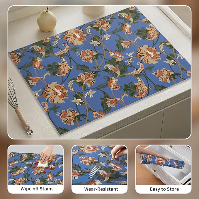 Vintage Floral Absorbent Coffee Bar Tea Mat Heat Resistant Drainer Mat with Non-slip Backed for Kitchen Counter Tableware Decor (Luxuriant Flowers,Navy)