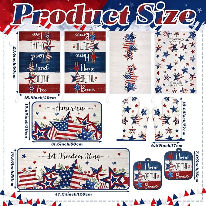 Fourluoo 10 Pcs 4th of July Kitchen Decor and Accessories Red Blue and White Oven Mitts and Pot Holders Set Dish Towels Patriotic Independence Day Kitchen Decor for Chef Baking Cooking BBQ Women Gift