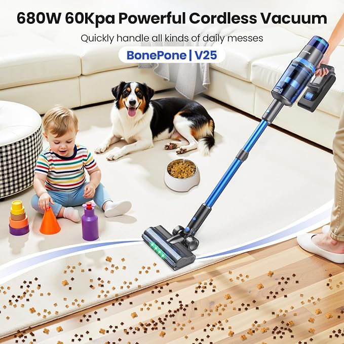 V25 Cordless Vacuum Cleaner, 680W 60Kpa Powerful Stick Vacuum with Dust Sensor, Digital Display, 4000mAh Rechargeable Battery up to 60Mins, Versatile for Pet Hair, Floor, Carpet (Cobalt)
