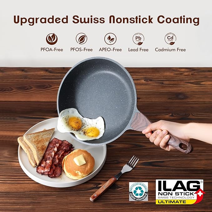 SENSARTE Nonstick Frying Pans, Grey(8+12.5 Inch) | Swiss Granite Coating, Free of PFOA&PFOS, Compatible with All Stoves Including Induction Cooktops, Easy to Clean
