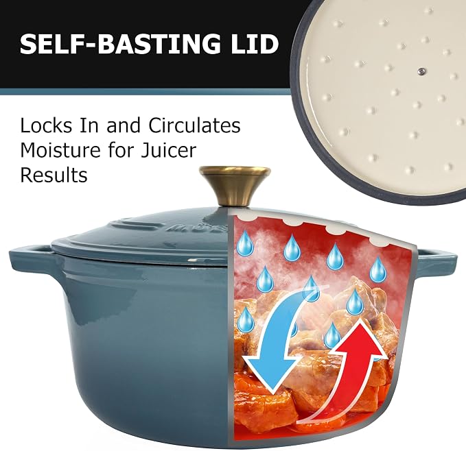 MUELLER HOME 6 Quart Enameled Cast Iron Pot Dutch Oven, Heavy-Duty | Oven-Safe to 500°F, For All Cooktops, Bread Pan with Lid & Knob, Cast Iron Cookware, Blue Kitchen Accessories, Mineral Blue