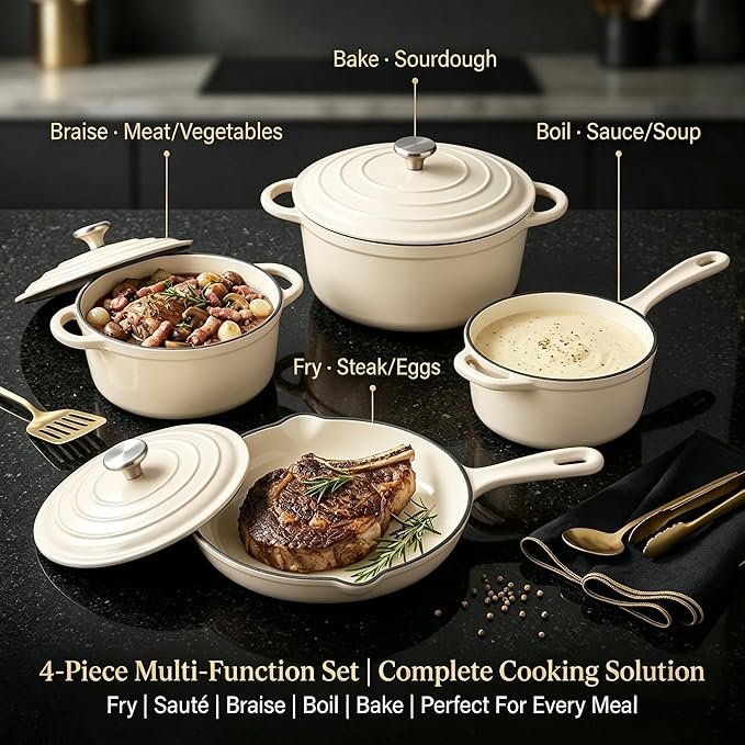 QuliMetal Enameled Cast Iron Cookware Set, 4-Piece Pots and Pans Set with Lids, 10.25" Skillet, 2QT Saucepan, 2.8QT & 4.8QT Dutch Ovens, Oven Safe to 500°F, All Stovetops Compatible - Cream White