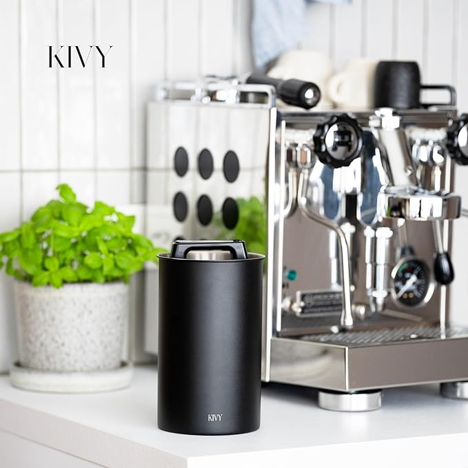 KIVY Vacuum Coffee Canister - Push Lid Preserves Aroma & Oil - Stainless Steel Airtight Container for Ground & Bean Storage - Removes Excess Air