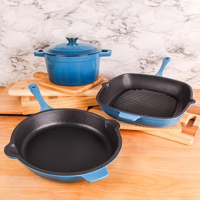 BergHOFF Neo 4Pc Enameled Cast Iron Cookware Set, Grill Pan 11 inches, Fry Pan 10 inches, 3qt. Dutch Oven, Matching Lid, Fast, Evenly Heat, Oven Safe (Blue)