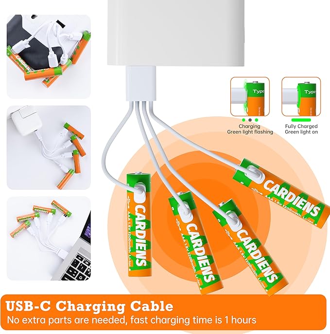 USB Rechargeable AAA Batteries 1200mWh Rechargeable AAA Batteries 1.5V Triple A Battery with 4-in-1 USB-C Charging Cable and LED Charge Indicator, 12-Pack