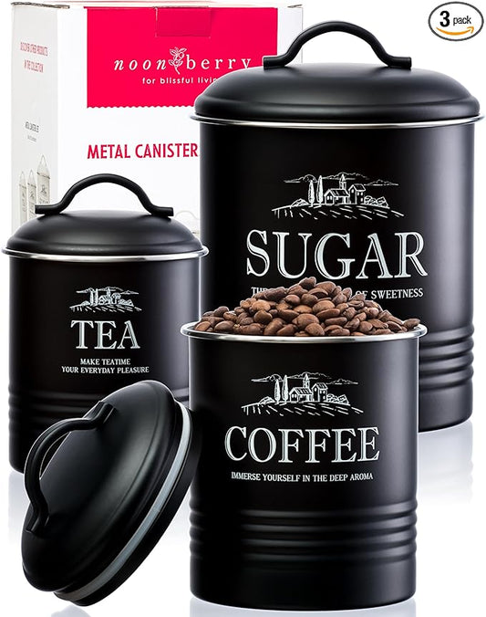 noonberry Kitchen Canisters for Countertop – 3-Piece Airtight Kitchen Canister Set – Sugar Coffee Tea Containers for Kitchen Counter – Matte Black Finish