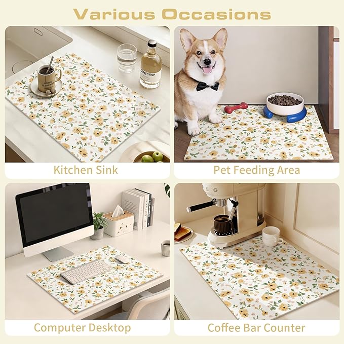 Ditsy Floral Coffee Tea Mat Absorbent Bar Accessories, Fit Under Espresso Machine Coffee Maker (Ditsy Blooms,Yellow)