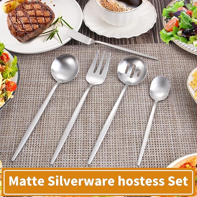 VANVRO Matte Serving Silverware Set, 5-Piece Round Shared Utensils Set of Stainless Steel, Hostess Flatware Serving Set, Satin Finish, Dishwasher Safe