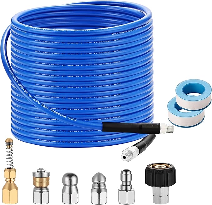 Selkie Pressure Washer Sewer Jetter Kit - 100Ft X1/4" Hydro Drain Jetter Cleaner Hose, Corner, Rotating and Button Nose Sewer Jetting Nozzle Waterproof Tape,Orifice 4.0 4.5,1/4 Inch NPT,5800 PSI