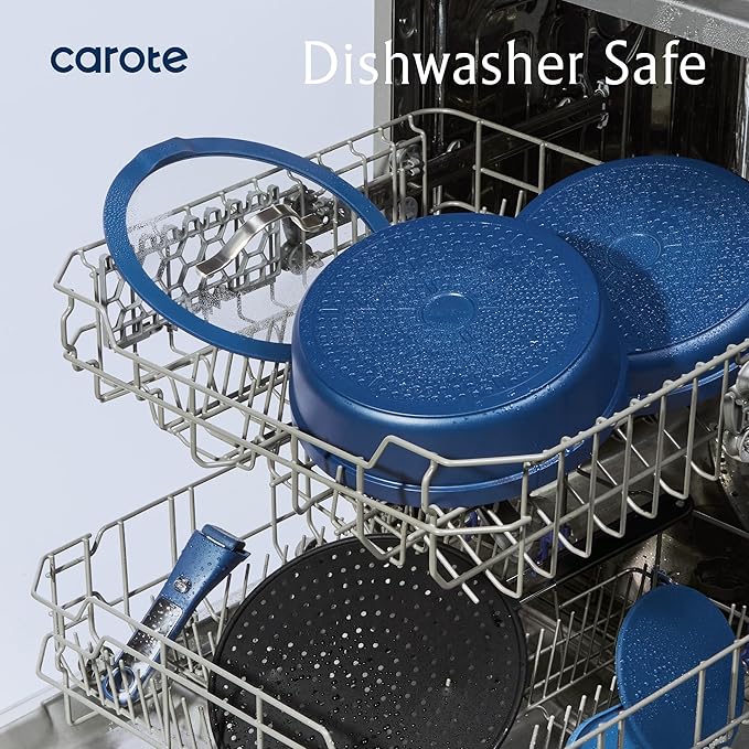CAROTE 10-Piece Pots and Pans Set, Nonstick Cookware Set Detachable Handle, Frying Pan with Splatter Screen, Oven Safe, Induction Ready, Stackable, Blue