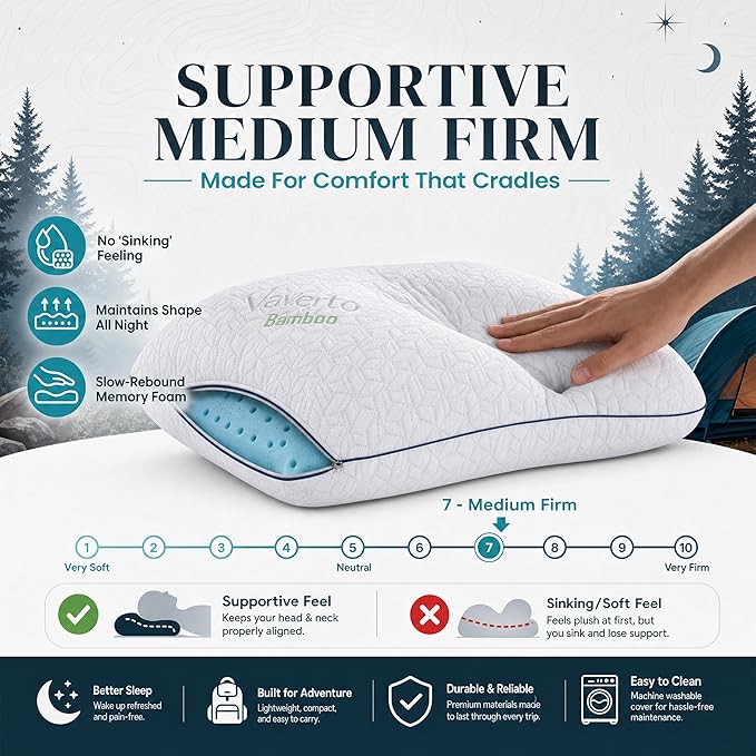 Vaverto Small Memory Foam Bed Pillow for Camping - Compressible Medium Firm, Breathable Cover, Machine Washable, Ideal Backpacking