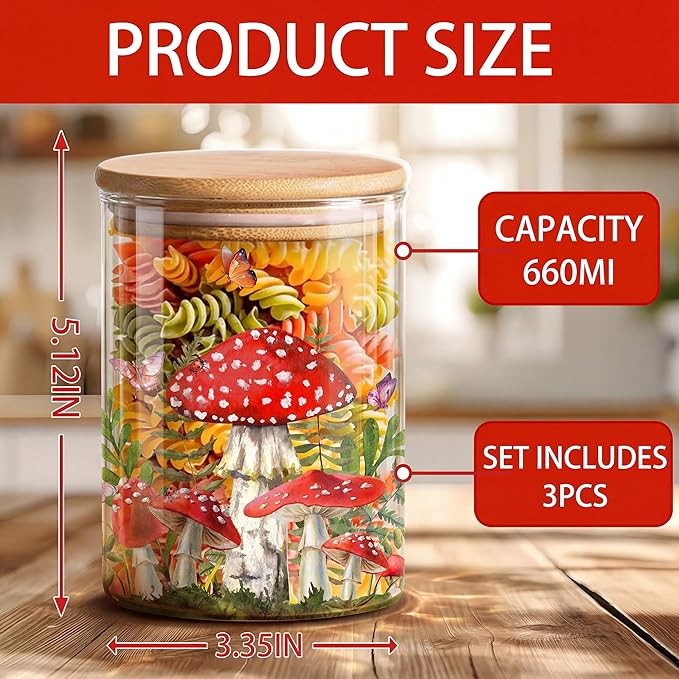 Mushroom Clear Glass Storage Jar with Airtight Lid, Food Canister for Kitchen Countertop, Coffee Tea Sugar Cookie Spice Home Kitchen Organizers 3 Pack