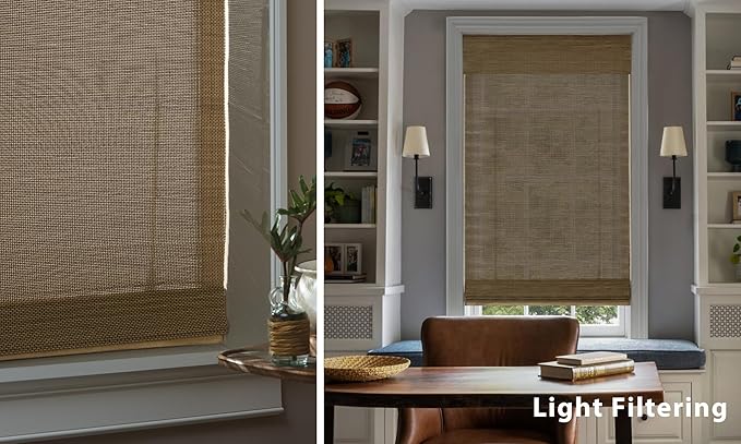 LazBlinds No Tools No Drill Cordless Bamboo Roman Shades, Light Filtering Window Treatment, Roll Up Bamboo Blinds for Windows 32'' W x 64'' H, Acorn