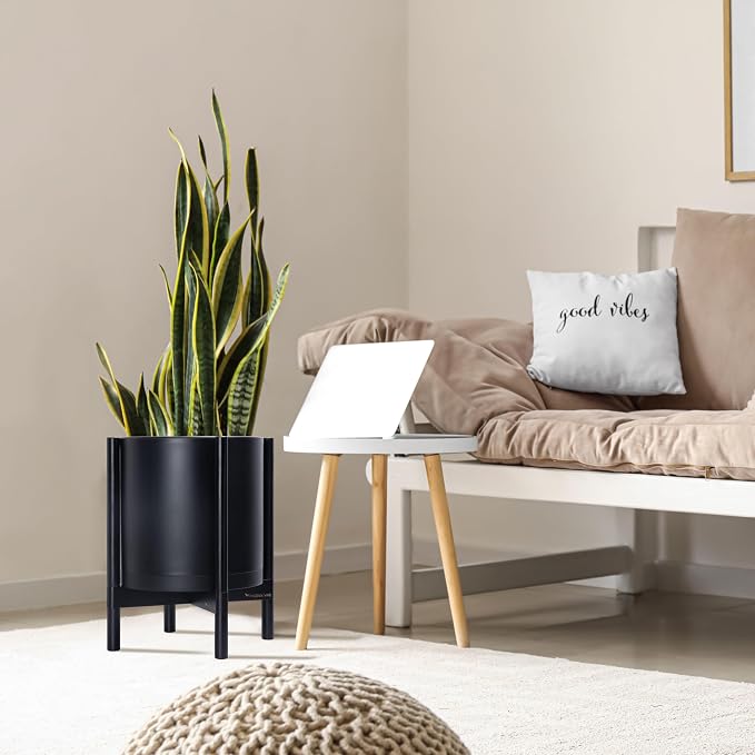 D'vine Dev Plastic Pot with Ebony Wood Stand, Black, 14 in, 55-C-T-2 | Mid-Century Inspired Design, Elevated Plant Display, Clean Lines, Sturdy Support, Modern Space-Saving Style