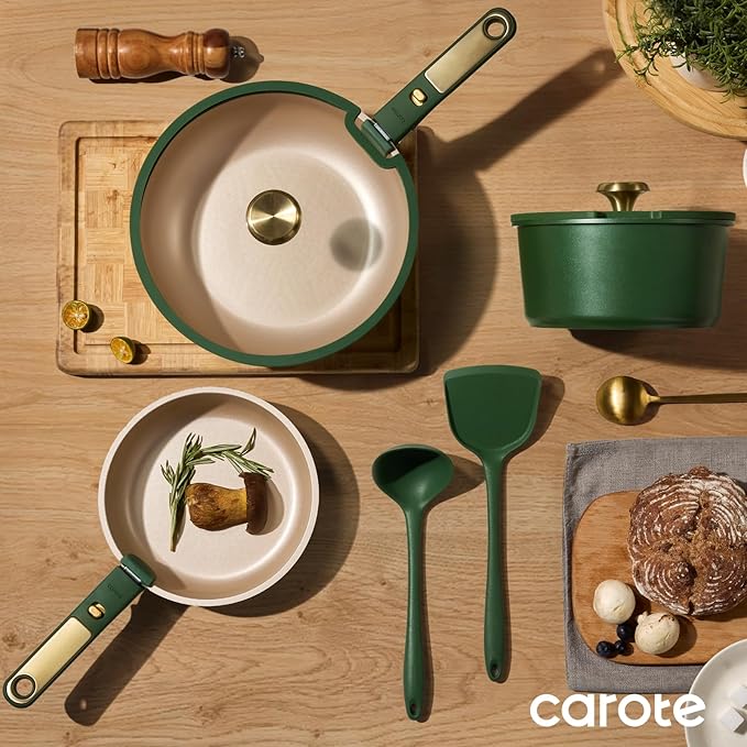 CAROTE Green&Gold Nonstick Cookware Set,15Pcs Pots and Pans Set Non Stick Detachable/Removable Handle,Kitchen Cooking Set Dishwasher Safe, RV Kitchen Pot and Pan, Induction Cookware
