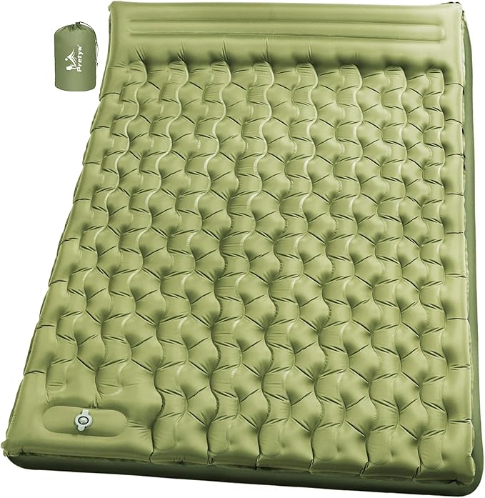 Double Sleeping Pad for Camping - 5" Ultra-Thick Camping Mattress with Pillow, Built-in Foot Pump, Compact 2-Person Portable Camping Mat for Backpacking, Hiking, Car Traveling, Beach, Tent