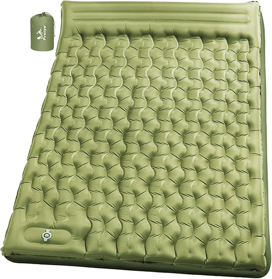 Double Sleeping Pad for Camping - 5" Ultra-Thick Camping Mattress with Pillow, Built-in Foot Pump, Compact 2-Person Portable Camping Mat for Backpacking, Hiking, Car Traveling, Beach, Tent