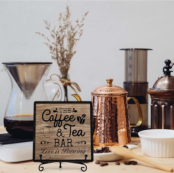 Coffee Bar Sign, Love is Brewing Farmhouse Tabletop Decor, Coffee and Tea Lover Gifts, 5x5 Wood Plaque with Iron Stand for Home Kitchen Cafe, Coffee Bar Decor – L02