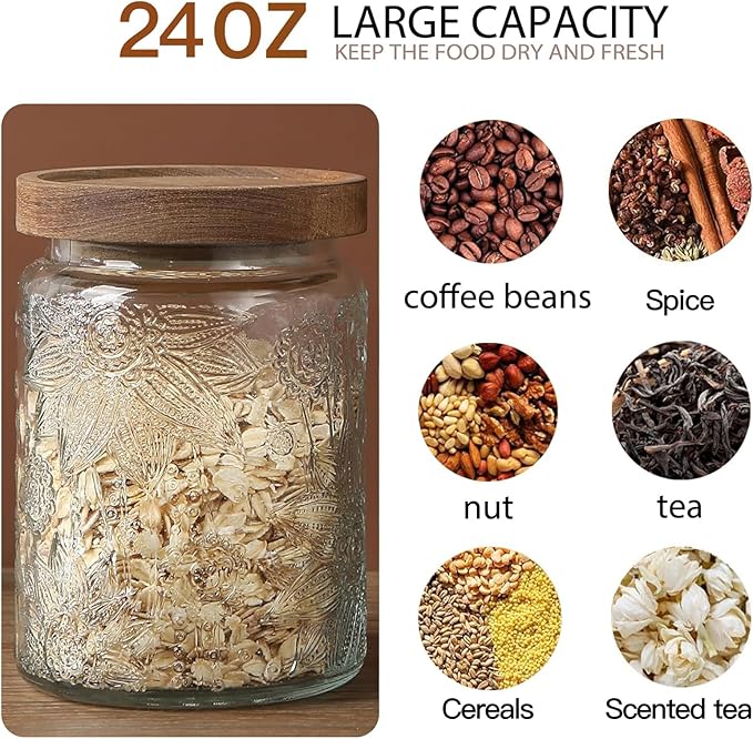 24 OZ Airtight Glass Storage Jar with Bamboo Lid - Vintage Glass Jar Vintage Food Containers Canisters Set for Kitchen Counter & Pantry - Ideal for Sugar, Flour, Coffee, Tea, Candy, Oats -6 Pack