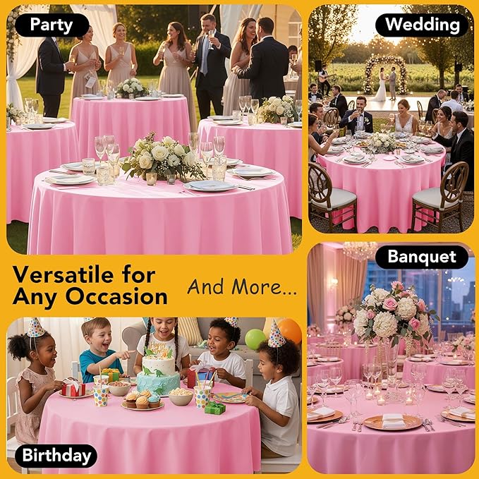 6-Pack Pink Round Tablecloths, 132 Inches, Stain-Resistant Polyester for 6-8 Ft Round Tables - Washable Table Covers for Weddings, Banquets, Birthday Parties, Events