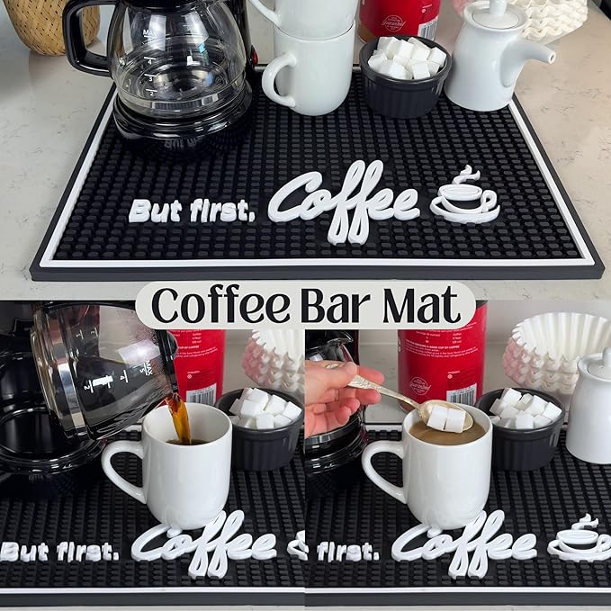 But First Coffee Silicone Bar Mat for Countertop 18x12 in, Coffee Lover Gift, Housewarming Gift, Non-Slip Espresso Machine Mat, Barista Accessories, Bar Decor