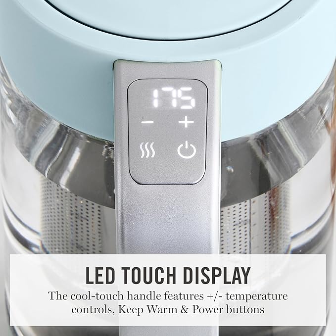 Martha Stewart Electric Kettle with Removable Stainless Steel Tea Infuser,  Glass Carafe 1.7L (7 Cups), Hot Water Boiler, 4 Presets, Keep Warm & Auto Shut-Off, Cordless 360° Swivel Base, Sky Blue