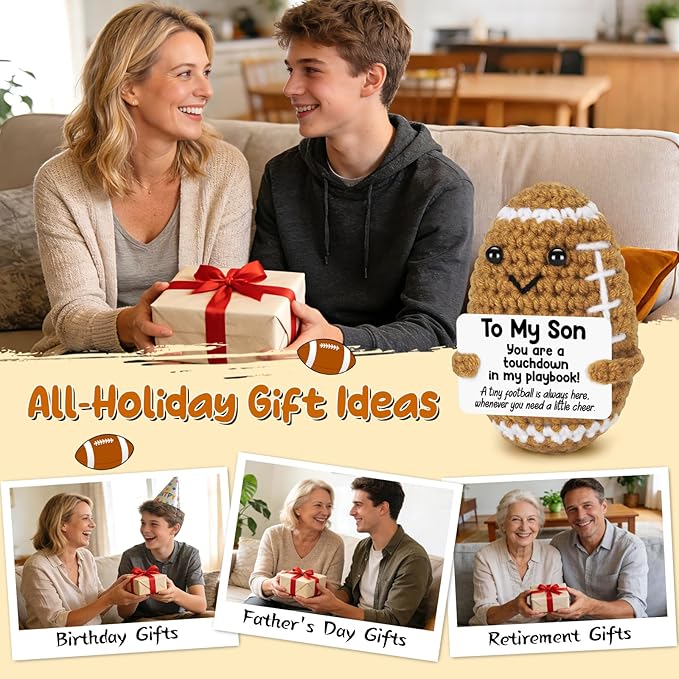 BiuNiuring Mini Funny Son Fathers Day Birthday Gifts from Mom Dad, Handmade Crochet Graduation Gifts for Teens Boys, Positive Football Doll Cheer Up with Inspirational Card Gift for Adults Son in Law
