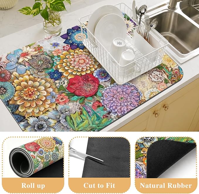 Kitchen Countertop Dish Drying Mat,Super Absorbent Coffee Bar Mat for Maker Espresso Machine, Anti-Slip Accessories for Kitchen Countertops 17x31 Inch