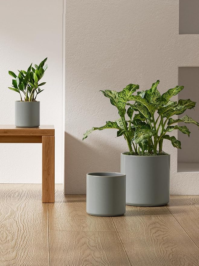 LE TAUCI 10+8+6 Inch Ceramic Pots for Plants, Indoor Planters with Drainage Hole and Plug, Modern Cylinder Flower Pots Set of 3 for Living Room and Bedroom, Glossy, Mist Gray