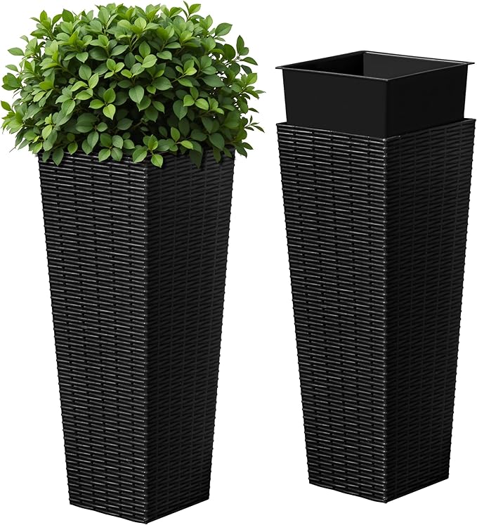 Devoko Resin Tall Planters for Outdoor Plants Set of 2, Large Taper Outdoor Planter Pots with 4 Drainage Holes, Flower Pots Modern Decor for Porch, Patio, Backyard, Home Garden (Black, 23.6")