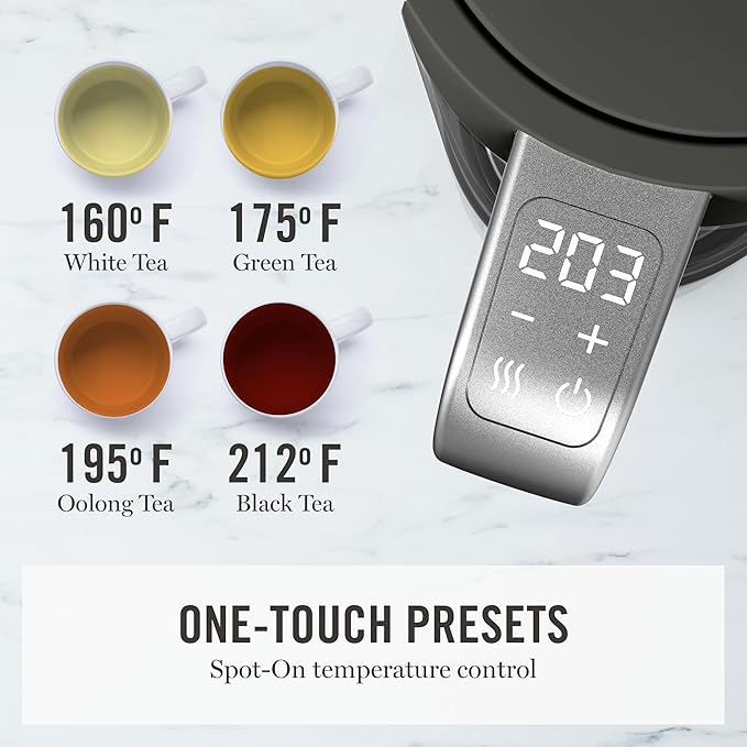 Martha Stewart Electric Kettle with Removable Stainless Steel Tea Infuser, Glass Carafe 1.7L (7 Cups), Hot Water Boiler, 4 Presets, Keep Warm & Auto Shut-Off, Cordless 360° Swivel Base, Caviar Gray