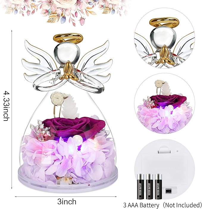 Mothers Day Mom Gifts for Mom,Fresh Flowers for Delivery,Birthday Gifts for Women Her,Preserved Flowers in Angel Figurines,Angel Gifts for Moms Mothers Day Grandma Wife Sister,Light Up Purple Gift