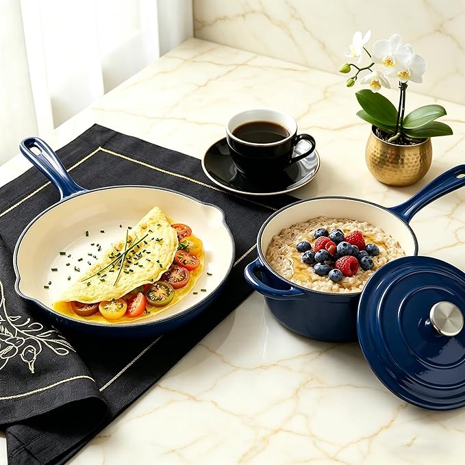 QuliMetal Enameled Cast Iron Cookware Set, 4-Piece Pots and Pans Set with Lids, 10.25" Skillet, 2QT Saucepan, 2.8QT & 4.8QT Dutch Ovens, Oven Safe to 500°F, All Stovetops Compatible - Navy Blue