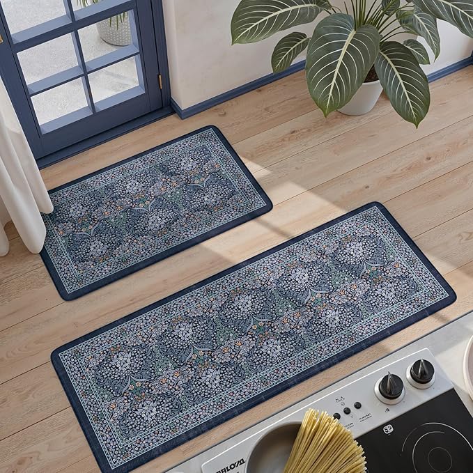 Collive Anti Fatigue Kitchen Mats, Cushioned Kitchen Rugs Set of 2 Waterproof Non Slip Desk Mat, Comfort Standing Rug Dark Blue Floral Carpet for Office, Sink, Laundry, 17.3"x29"+17.3"x47"