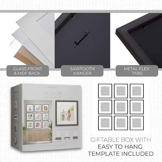 Sheffield Home 9 Piece Gallery Wall Frame Set, 12x12 Inch, Dark Oak