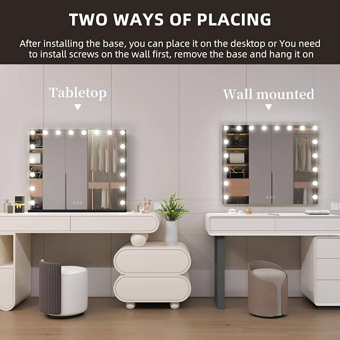 Vanity Mirror with Lights,Makeup Mirror with 17 Dimmable LED Bulbs, 3 Color Lighting Modes Detachable 10X Magnification Mirror Touch Control, 23.6X19,7 inch, Black