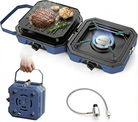 Gonex Camping Stove with 2 Burner Griddle & Grates, Portable Foldable Cooking Stove with Total 16,000 BTU, Two Piezo Ignition Adjustable Burners for Camping (Blue)
