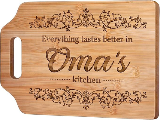 AceThrills Oma Gifts, Oma Mothers Day Gift for Oma's Birthday from Grandkids - Engraved Bamboo Cutting Board 12.3"L x 8.7"W x 0.4"Th