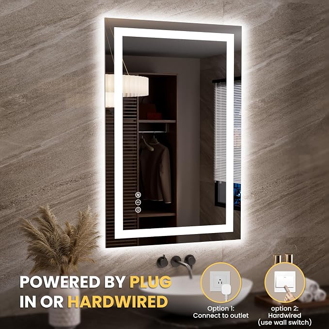 LOAAO 23.6"x35.4" LED Bathroom Mirror with Lights, Anti-Fog, Dimmable, Backlit + Front Lit, Lighted Bathroom Vanity Mirror for Wall, Memory Function, Tempered Glass, Safe to Use, ETL Listed