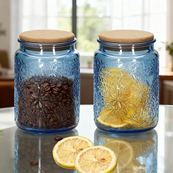 1Pc Snowflakes Style Vintage Glass Candy Jar with Airtight Bamboo Lid, Kitchen Storage Canister for Sugar, Coffee, Tea, Cookies, Bath Salt - Decorative Mason Jar for Pantry & Counter (1, Blue, 24oz)